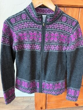 Alpaca Imports Steamboat Springs Full Zip Fair Isle Sweater Jacket magenta gray